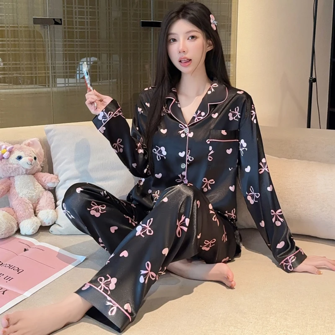 Cherry & Bow Satin Pajama Set – 2 Piece Sleepwear