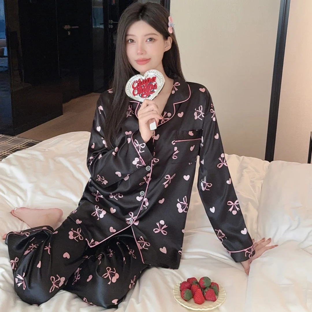 Cherry & Bow Satin Pajama Set – 2 Piece Sleepwear