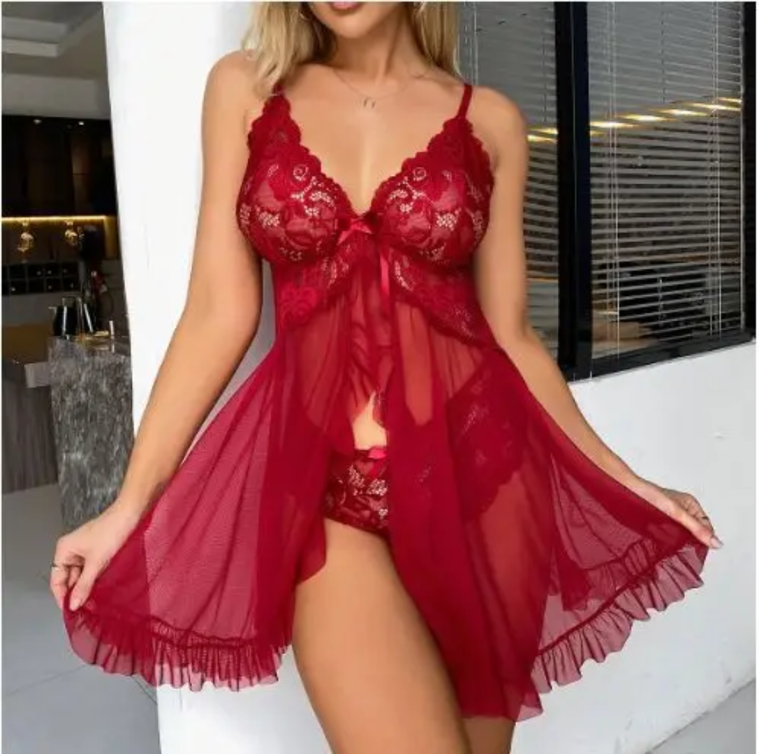 Romantic Red Lace Ruffle Babydoll Lingerie Set