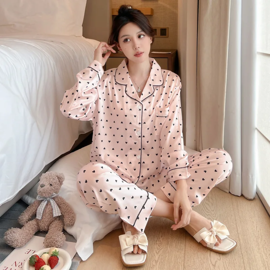 Cherry & Bow Satin Pajama Set – 2 Piece Sleepwear