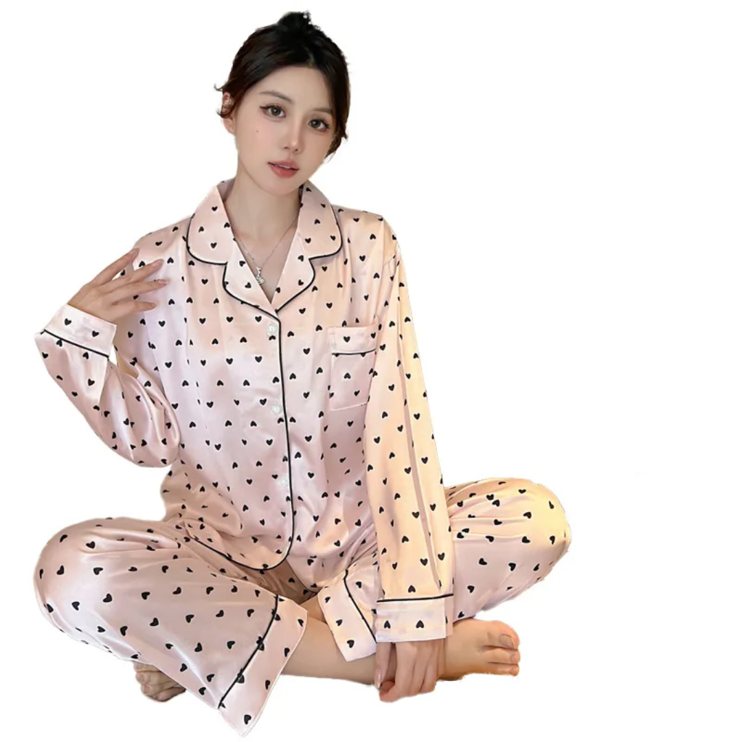 Cherry & Bow Satin Pajama Set – 2 Piece Sleepwear