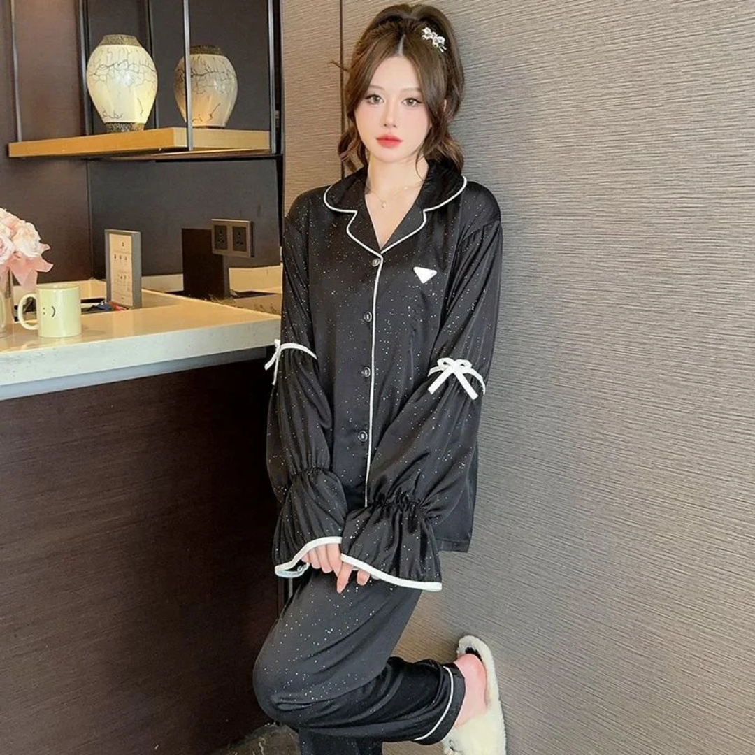Korean Aesthetic Black Satin Lounge Set – 2 Piece