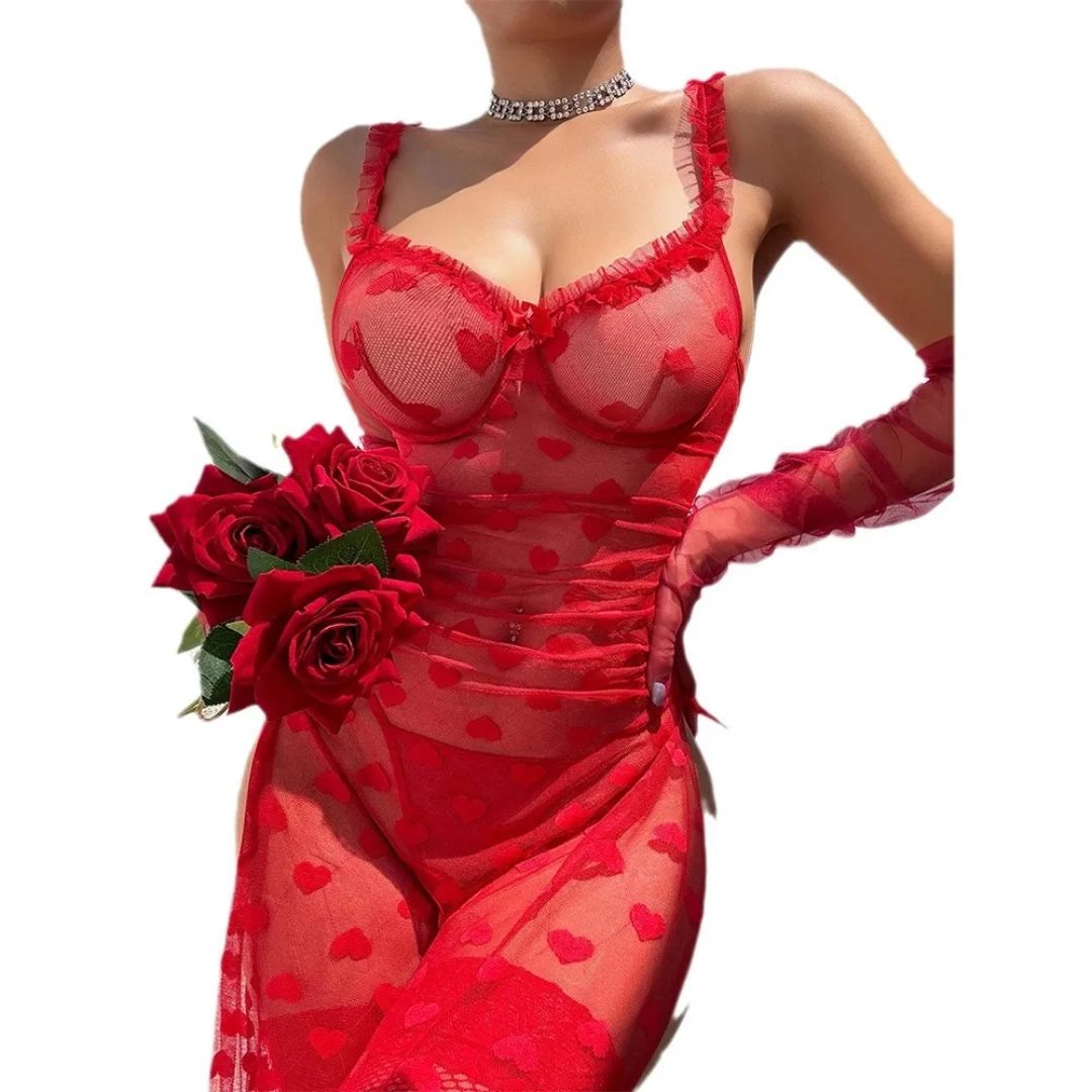 Red Full Fishnet Bodysuit – Long Sleeve